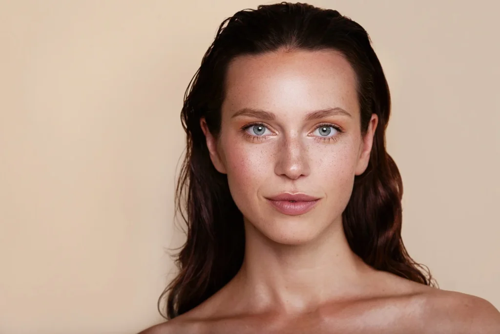 a woman with long hair and freckles