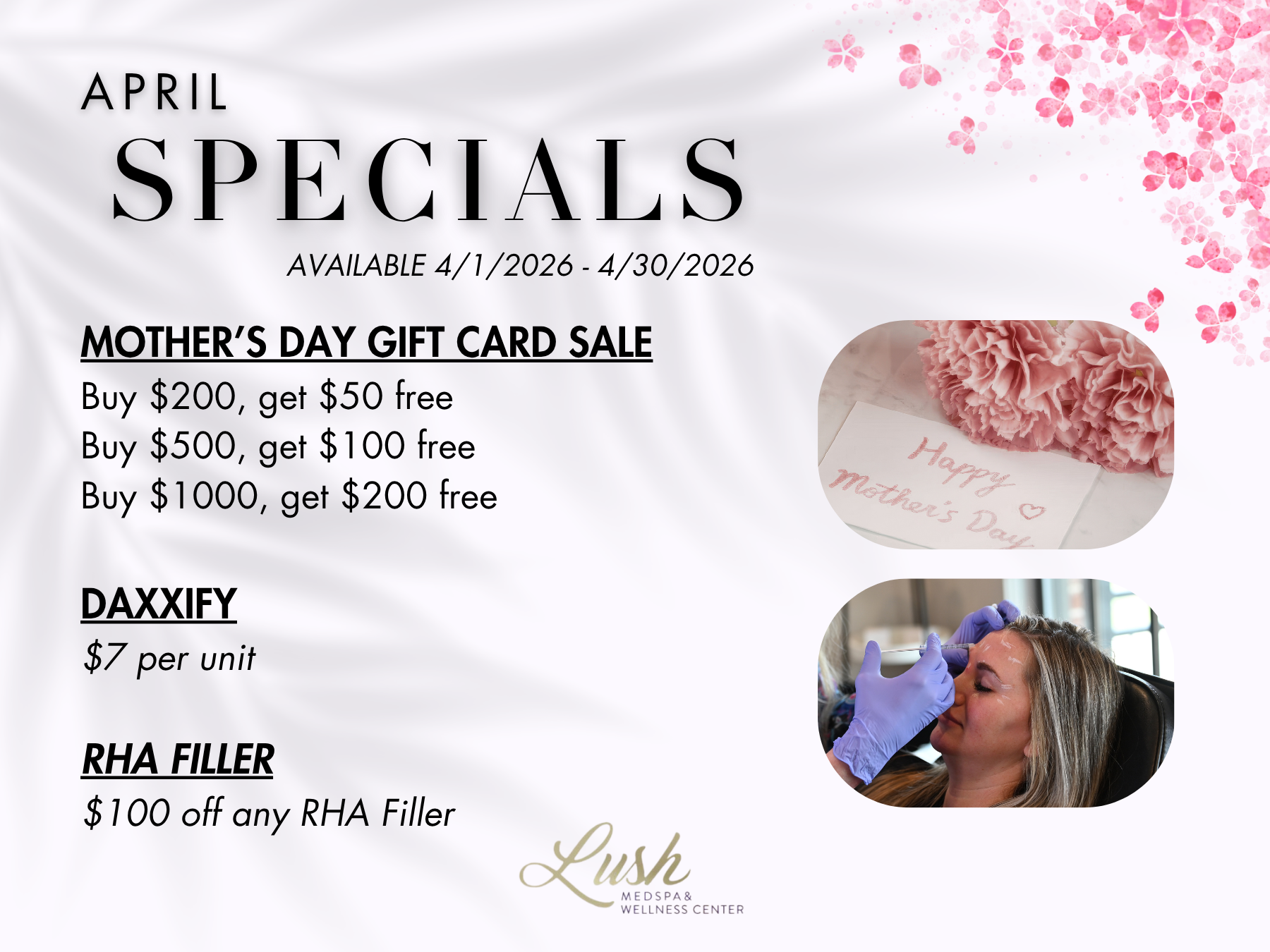 April Daxxify and filler specials at Lush MedSpa in Tuscaloosa Alabama